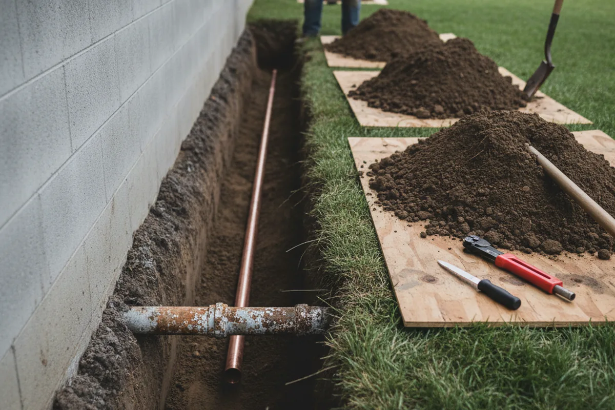 Excavated water line trench during Sewer Line Repair in Beverly